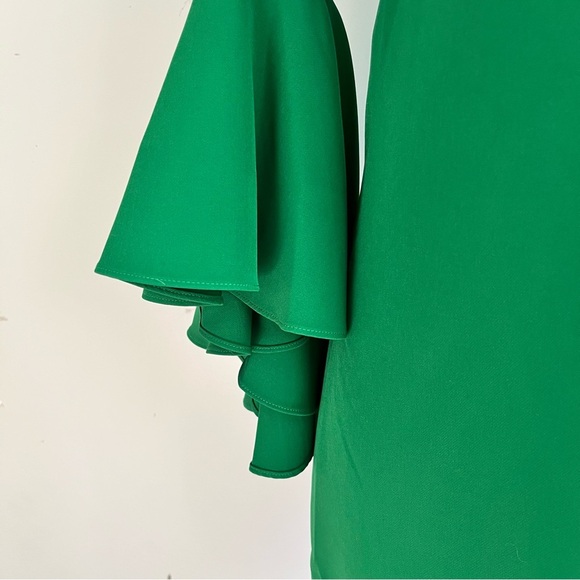 Milly Emerald Green Nicole Dress Size 4 V Neck Mini Sheath Ruffle 3/4 Sleeves - Picture 6 of 13